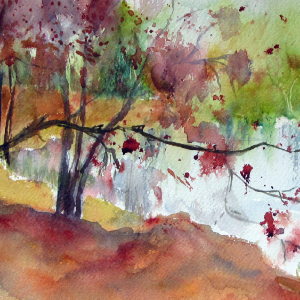 Herbstrock in Rot und Gold - Aquarell - 56x26 cm.